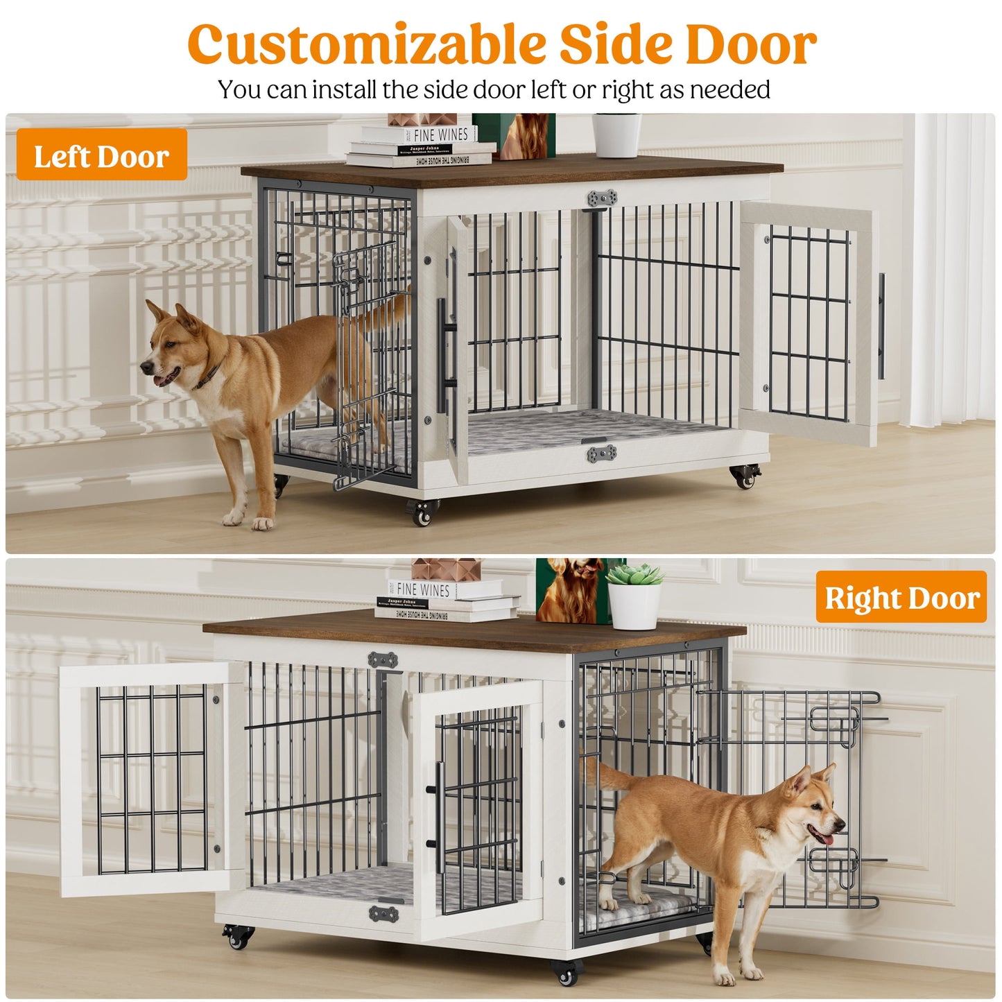 LainTene Dog Crate Furniture, Dog Kennels for Inside with Pads and Wheels, Heavy Duty Pet House for Small Medium Dogs, White