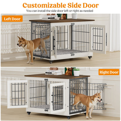LainTene Dog Crate Furniture, Dog Kennels for Inside with Pads and Wheels, Heavy Duty Pet House for Small Medium Dogs, White