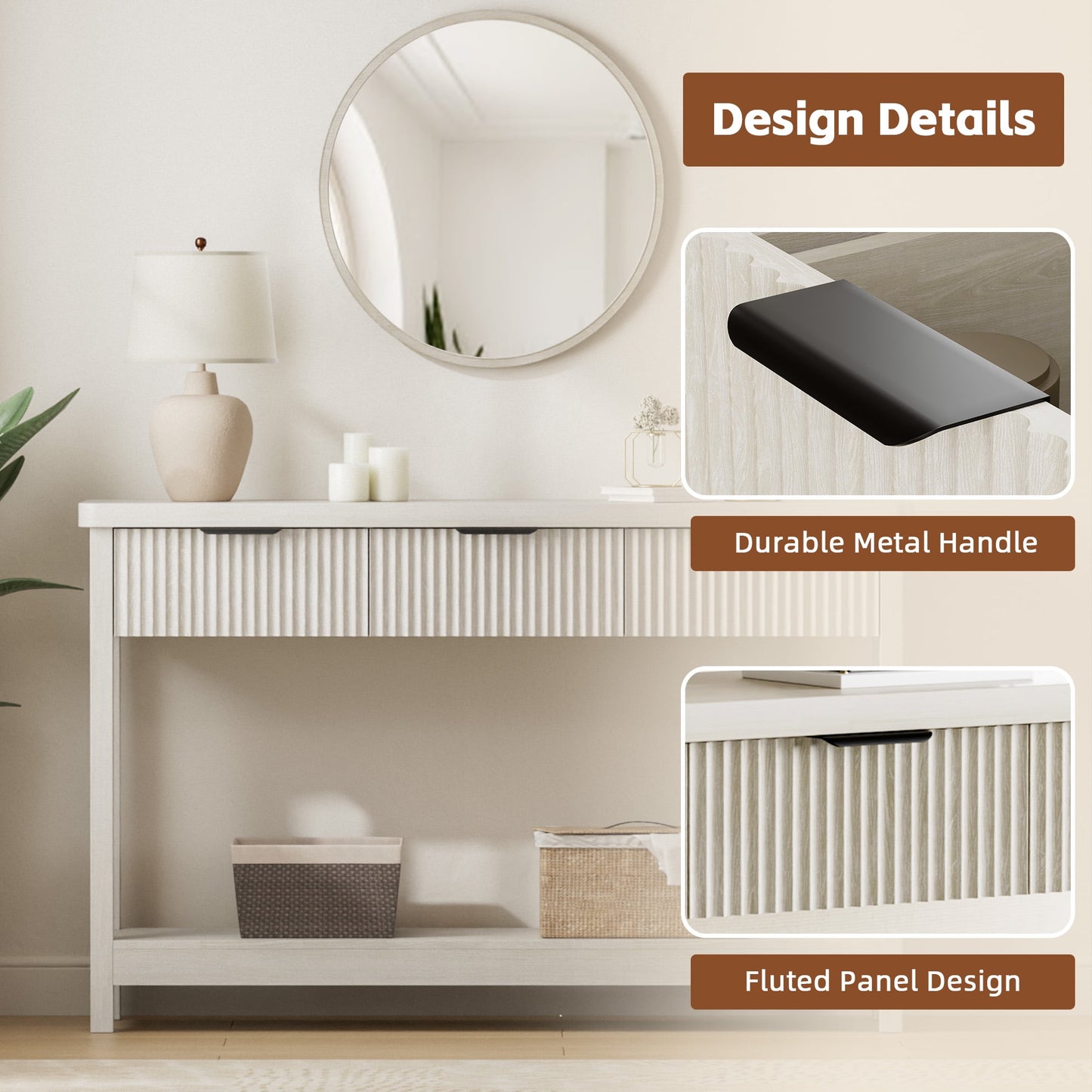 Laintene Fluted Console Table, 51" Narrow Entryway Table with 3 Drawers, Console Table Sofa Table with Storage Open Shelf, Modern Display Shelf for Hallway Living Room, White Oak