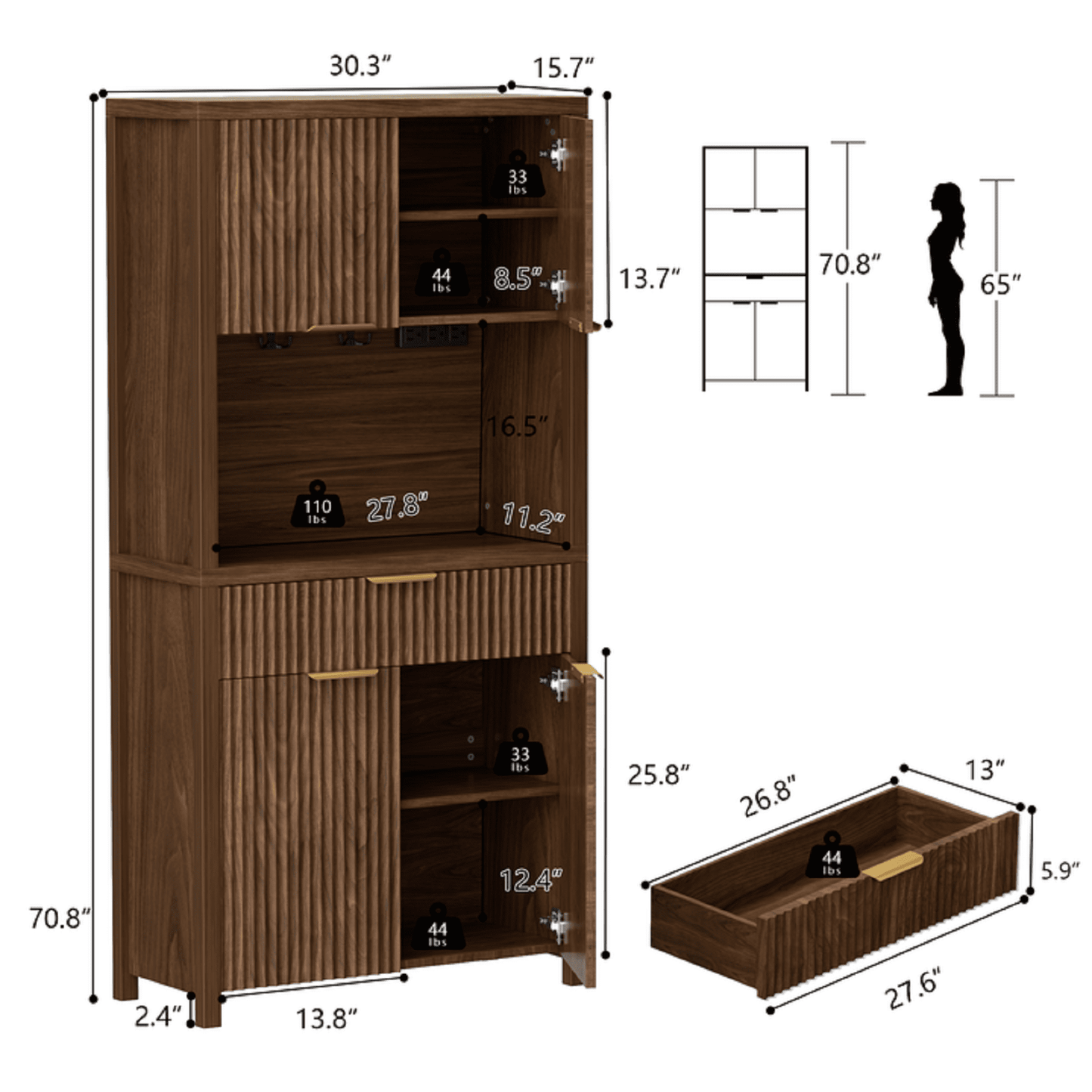 Laintene Pantry Storage Cabinet with Charging Station, Tall Kitchen Pantry with Microwave Shelves, Fluted Storage Cabinet with Open Countertop and Drawer for Dining Living Room, Walnut