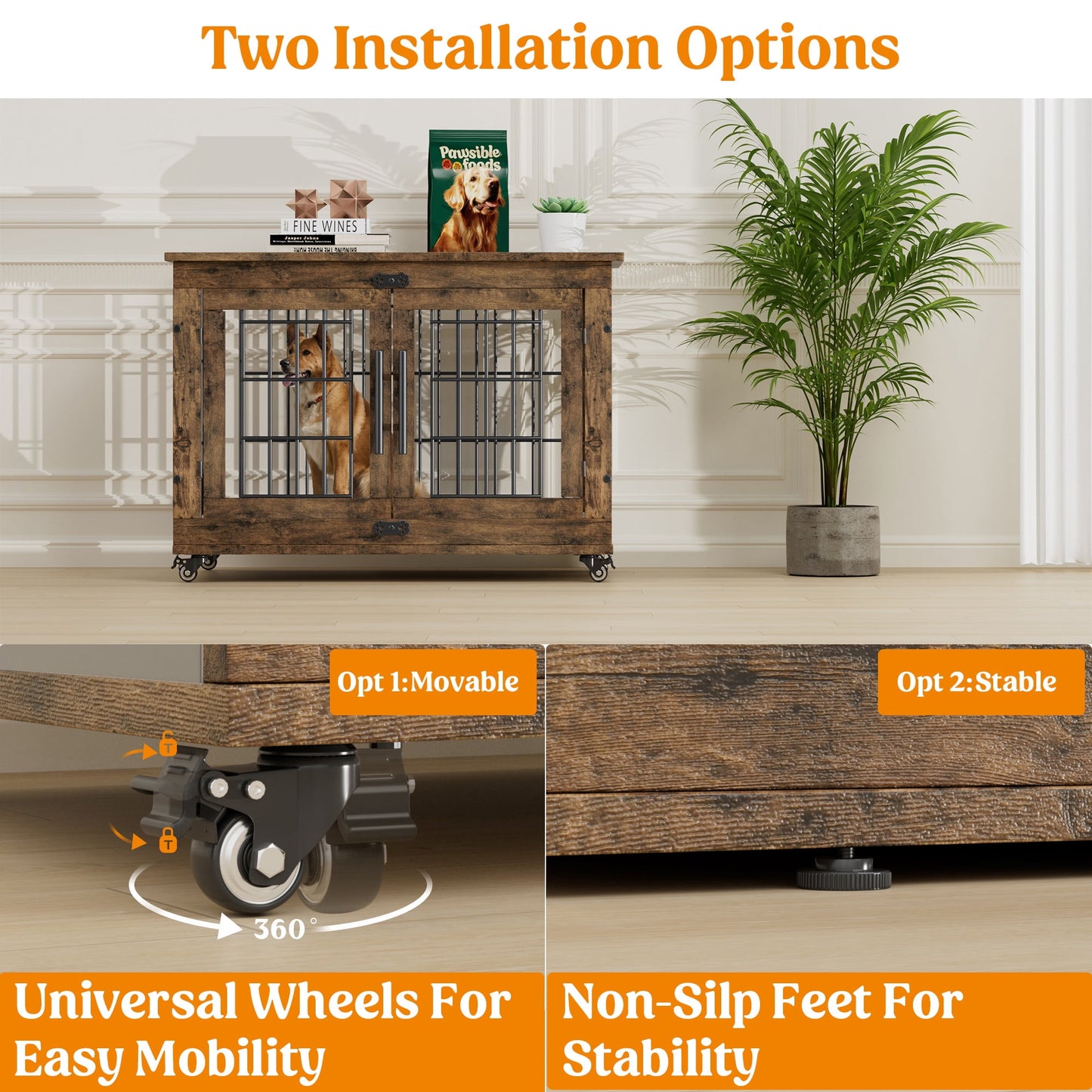 LainTene Dog Crate Furniture, Dog Kennels for Inside with Pads and Wheels, Heavy Duty Pet House for Small Medium Dogs, Browm