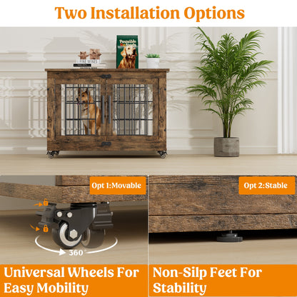 LainTene Dog Crate Furniture, Dog Kennels for Inside with Pads and Wheels, Heavy Duty Pet House for Small Medium Dogs, Browm