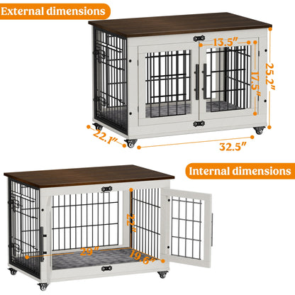 LainTene Dog Crate Furniture, Dog Kennels for Inside with Pads and Wheels, Heavy Duty Pet House for Small Medium Dogs, White