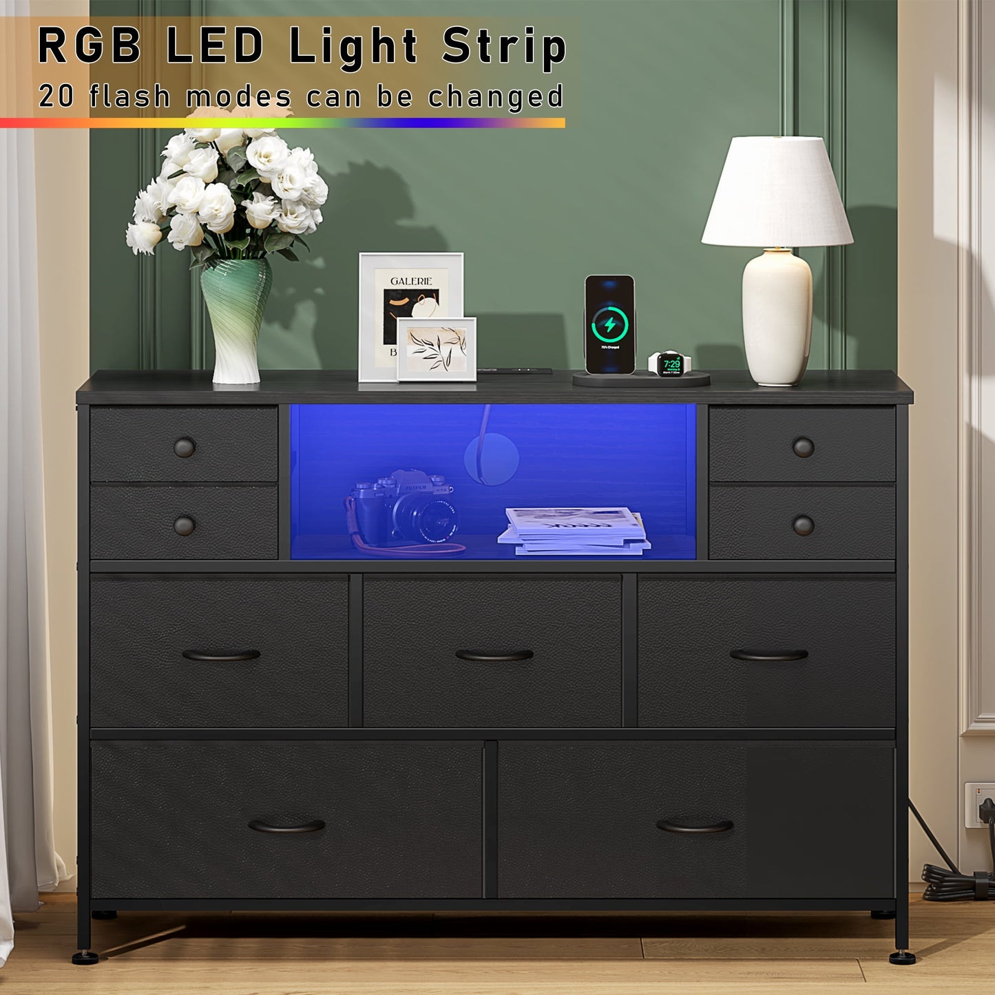 Laintene Bedroom Dresser with LED Lights, 9-Drawer Fabric Chest of Drawers, PU Black Dresser TV Stand with Power Outlet and Side Pocket, Wide Storage Unit for up to 50" TV
