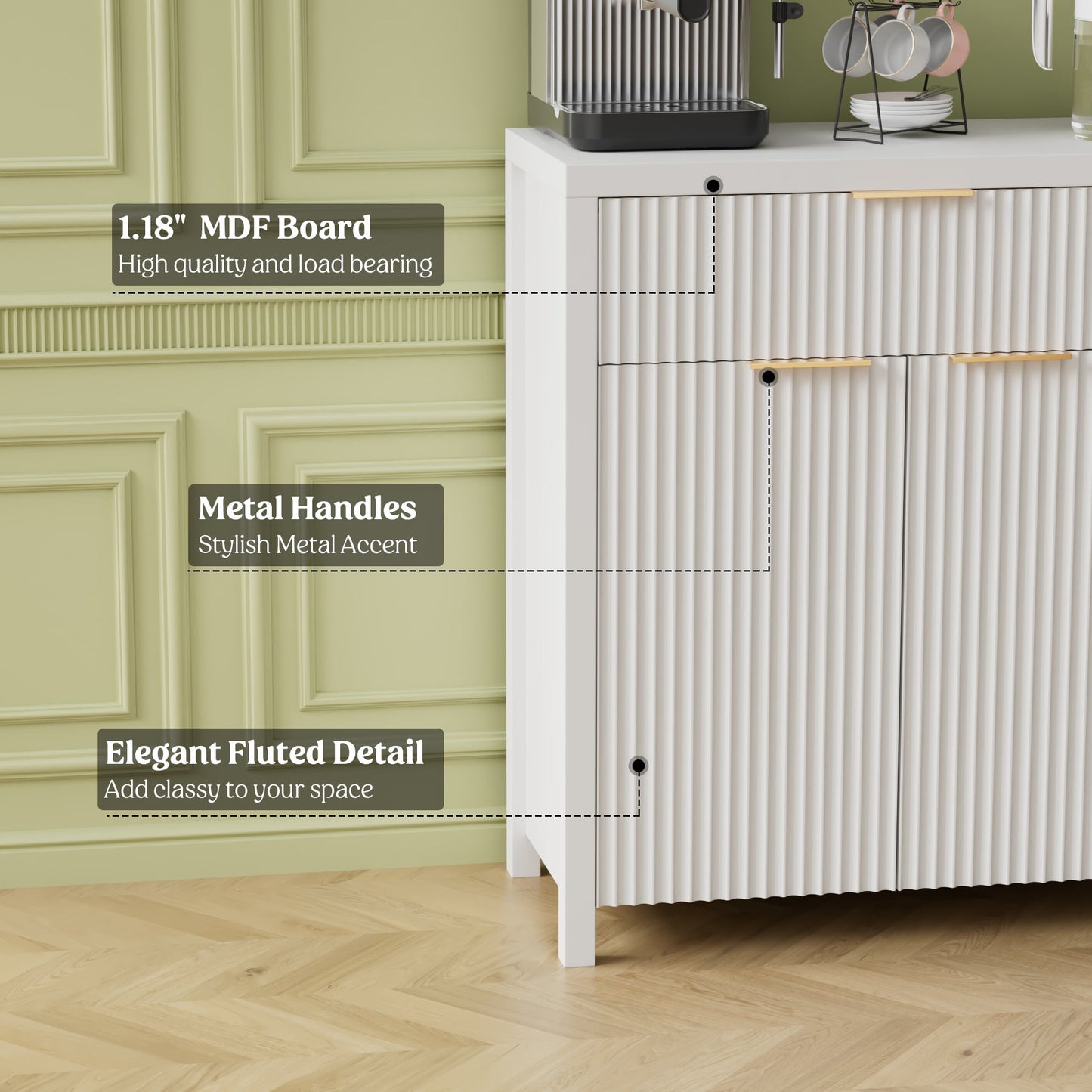 Laintene Sideboard Buffet Cabinet with Storage Drawer, Fluted Storage Cabinet with Adjustable Shelf for Dining Living Room, Entryway, White