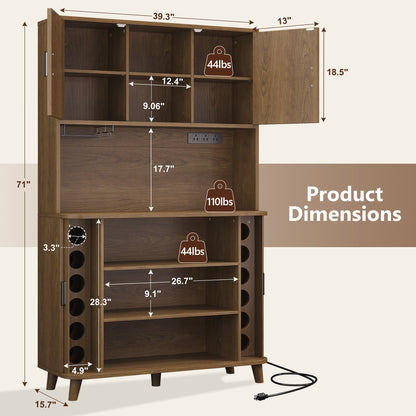 Laintene Kitchen Pantry Cabinet with Wine Rack, Storage Cabinet with Tambour Sliding Doors and Outlet, Bar Cabinet with Glass Holder, Pantry Storage for Living Room, Kitchen, Entryway, Walnut