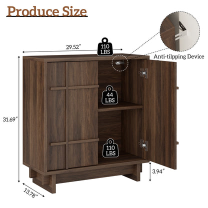 Laintene Sideboard Buffet with Lines Doors, Mid-Century Storage Cabinet with Adjustable Shelves for Kitchen Dining Room, Wood Coffee Bar for Living Room, Walnut Set of 2