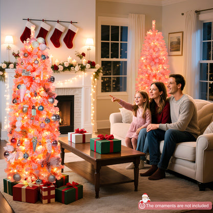 Laintene 6FT Pre-Lit Flocked Pencil Christmas Tree with 600 Tips & 200 Warm White LED Lights, Slim Artificial Xmas Tree for Small Spaces, Metal Stand, Pink