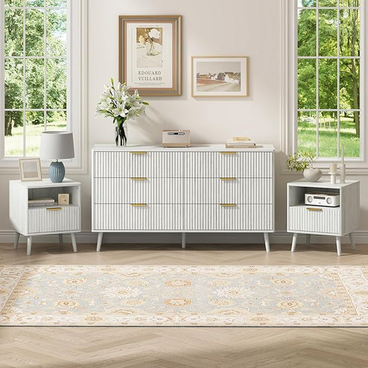 Laintene 3-Piece Boho Bedroom Set - 6-Drawer Dresser & 2 Nightstands with Drawer & USB Charging, Fluted Wooden Storage, Modern Dresser & Nightstand Combo, White