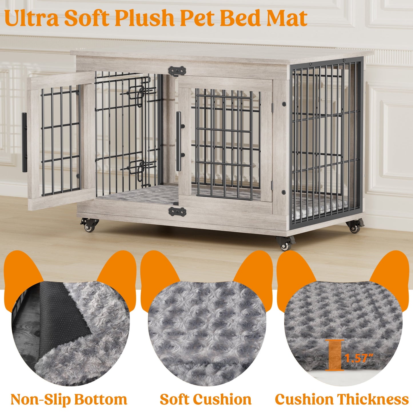 LainTene Dog Crate Furniture, Dog Kennels for Inside with Pads and Wheels, Heavy Duty Pet House for Small Medium Dogs, Gray