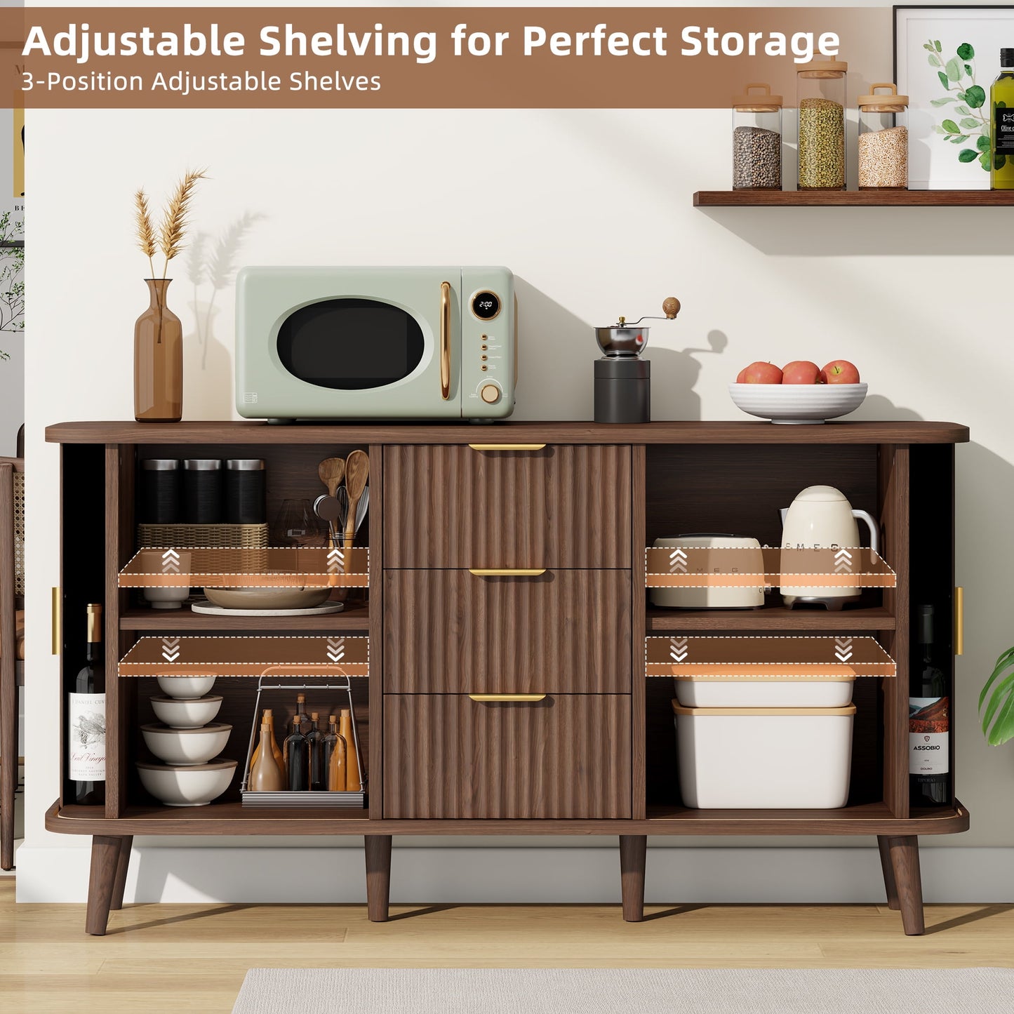 Laintene Sideboard with 3 Drawer, 55" Buffet Cabinet with 2 Sliding Tambour Doors, Modern Fluted Storage Cabinet for Kitchen, Living Room, Hallway, Walnut