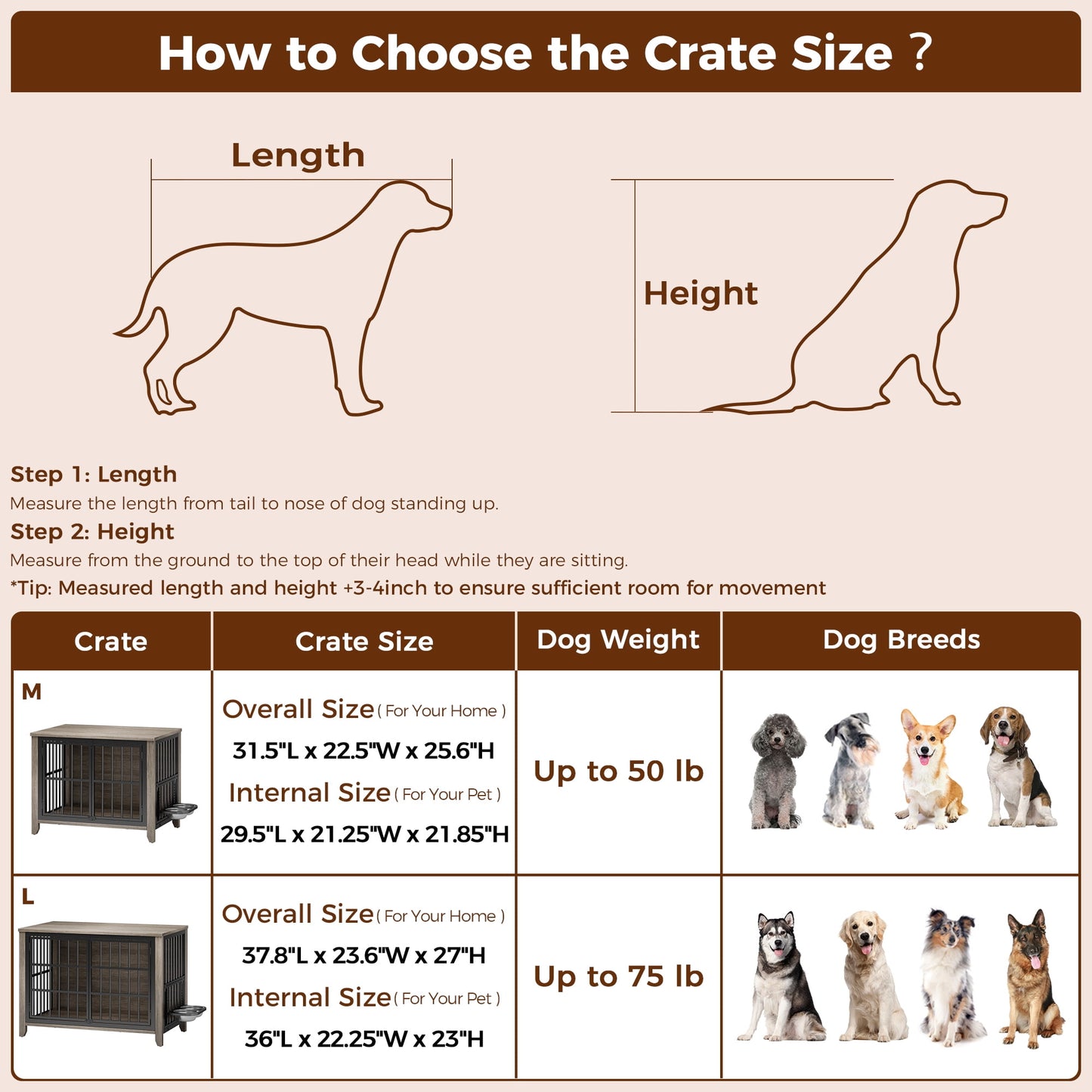 Laintene Dog Crate with Bowls, Heavy Duty Wooden Dog Crate Furniture, 37.7" Indoor Dog Kennels for Large Dogs, Gray