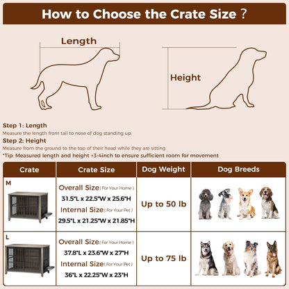 Laintene Dog Crate with Bowls, Heavy Duty Wooden Dog Crate Furniture, 37.7" Indoor Dog Kennels for Large Dogs, Gray