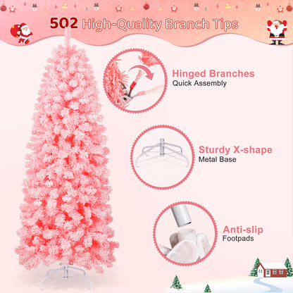 Laintene 6FT Pre-Lit Flocked Pencil Christmas Tree with 600 Tips & 200 Warm White LED Lights, Slim Artificial Xmas Tree for Small Spaces, Metal Stand, Pink