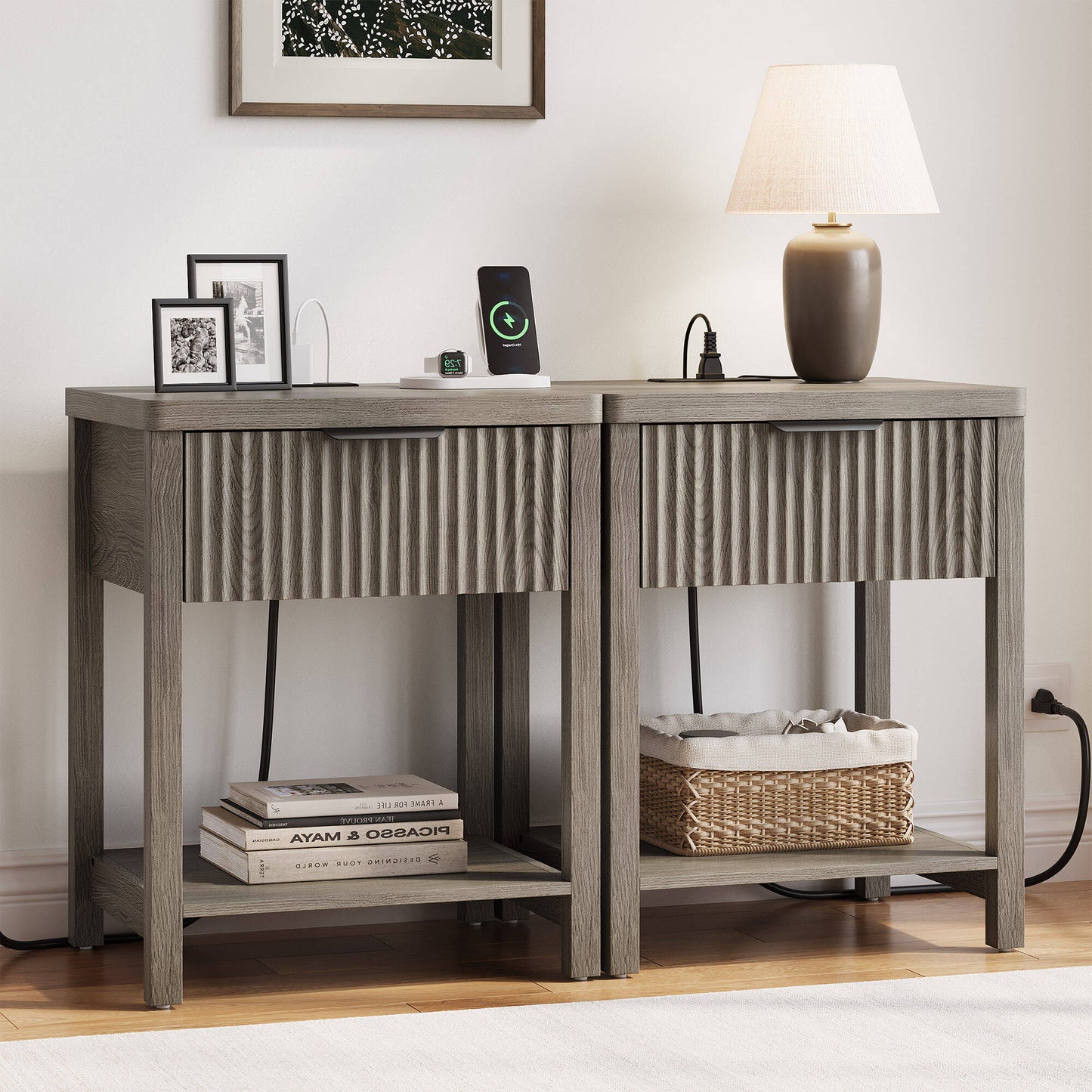 Laintene Fluted Nightstand Set of 2 - Modern Bedside Table with Drawer & Open Shelf, 2 AC Outlets + USB &Type-C for Bedroom & Living Room, Dark Grey Oak