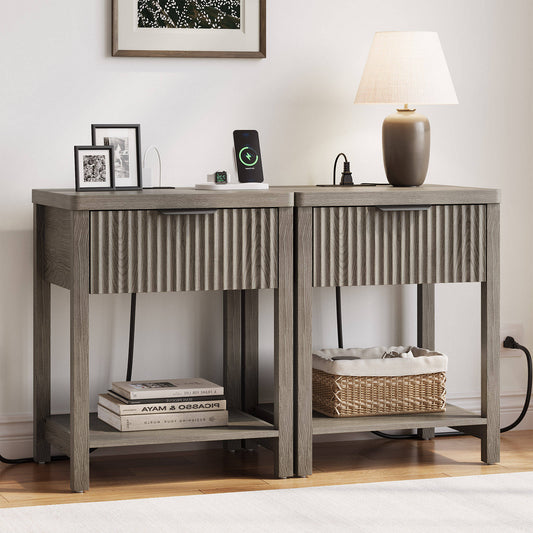Laintene Fluted Nightstand Set of 2 - Modern Bedside Table with Drawer & Open Shelf, 2 AC Outlets + USB &Type-C for Bedroom & Living Room, Dark Grey Oak