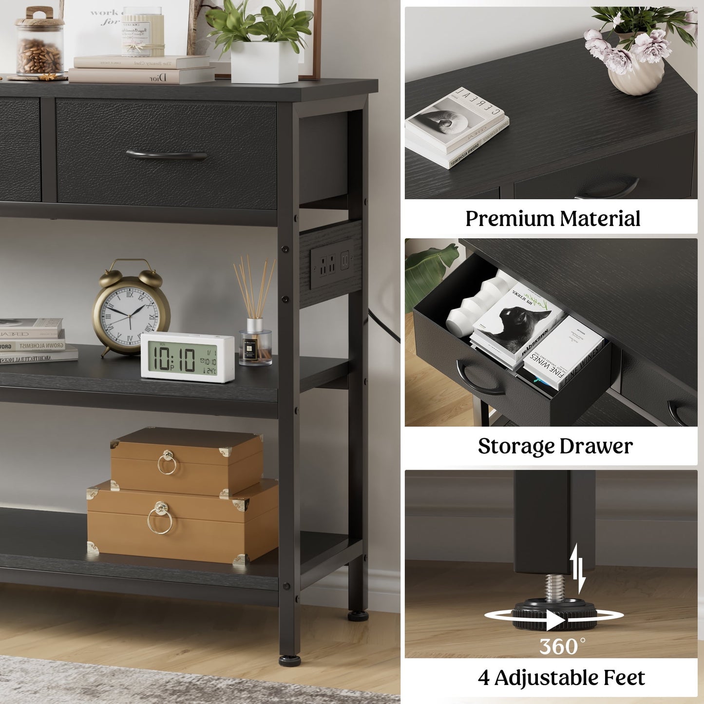 Valu4me 43.3" Console Table with Power Outlets & USB Ports, Narrow Sofa Table with 3 Fabric Drawers for Hallway, Foyer, Living Room, Black
