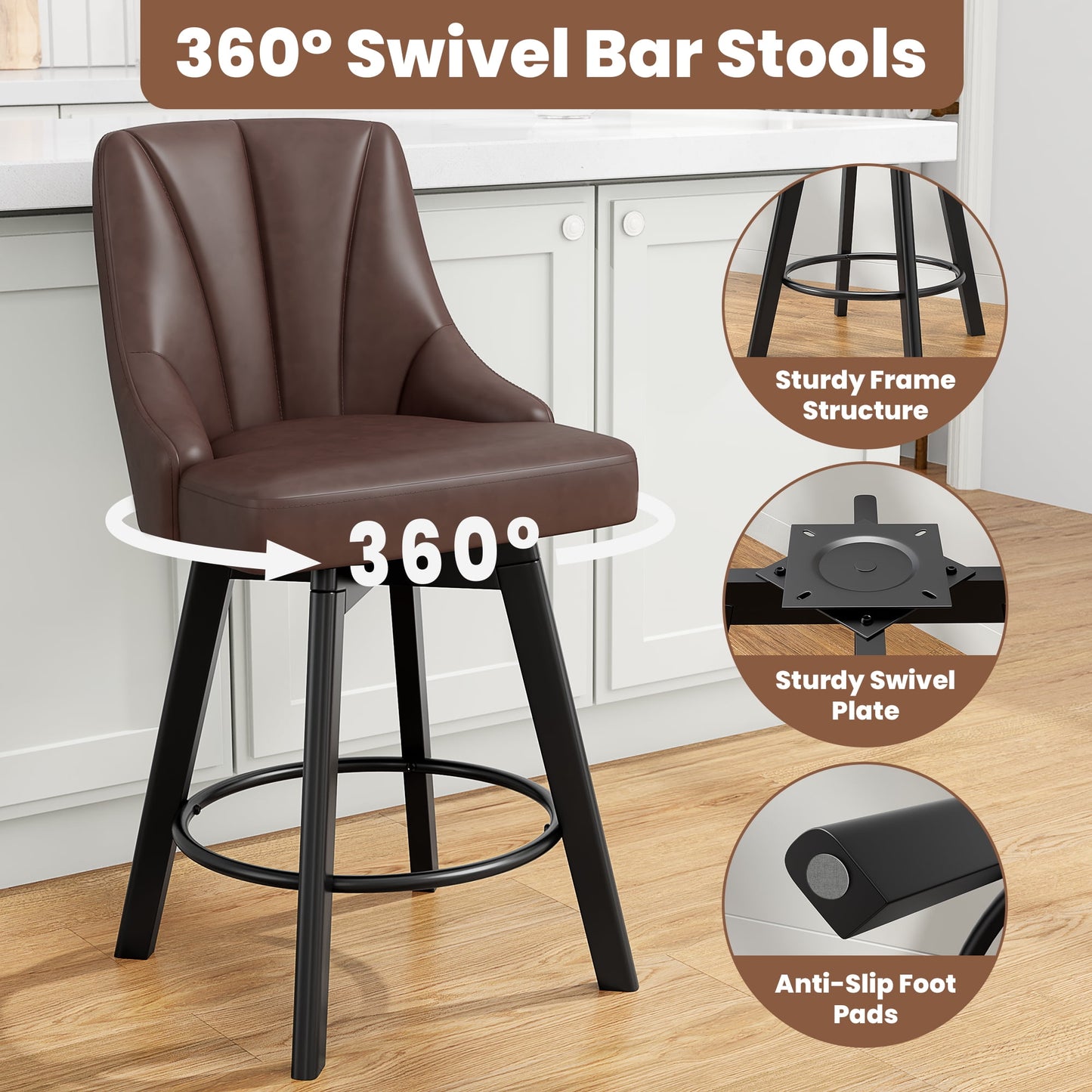 LainTene 24" Counter Height Swivel Bar Stools Set of 4, PU Leather Upholstered Counter Barstools with Solid Wood Legs and Backs for Kitchen Island, Home Bar