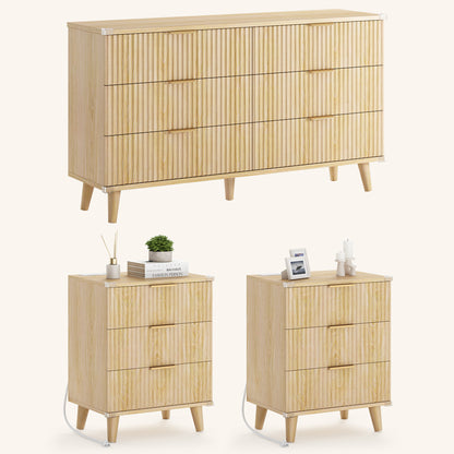 Laintene 3-Piece Boho Bedroom Set - 6-Drawer Dresser & 2 Nightstands with 3 Drawers & USB Charging, Fluted Wooden Storage, Modern Dresser & Nightstand Combo, Natural