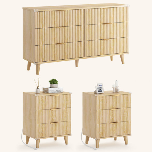 Laintene 3-Piece Boho Bedroom Set - 6-Drawer Dresser & 2 Nightstands with 3 Drawers & USB Charging, Fluted Wooden Storage, Modern Dresser & Nightstand Combo, Natural