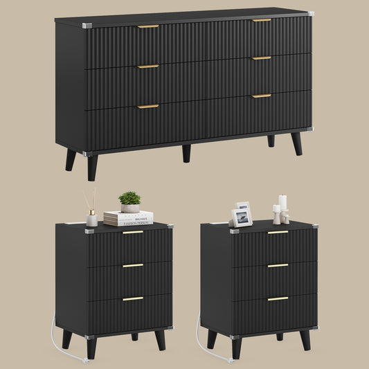 Laintene 3-Piece Boho Bedroom Set - 6-Drawer Dresser & 2 Nightstands with 3 Drawers & USB Charging, Fluted Wooden Storage, Modern Dresser & Nightstand Combo, Black