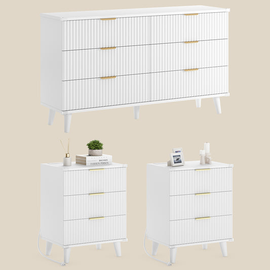 Laintene 3-Piece Boho Bedroom Set - 6-Drawer Dresser & 2 Nightstands with 3 Drawers & USB Charging, Fluted Wooden Storage, Modern Dresser & Nightstand Combo, White