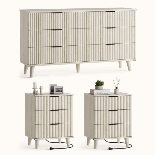 Laintene 3-Piece Boho Bedroom Set - 6-Drawer Dresser & 2 Nightstands with 3 Drawers & USB Charging, Fluted Wooden Storage, Modern Dresser & Nightstand Combo, White Oak