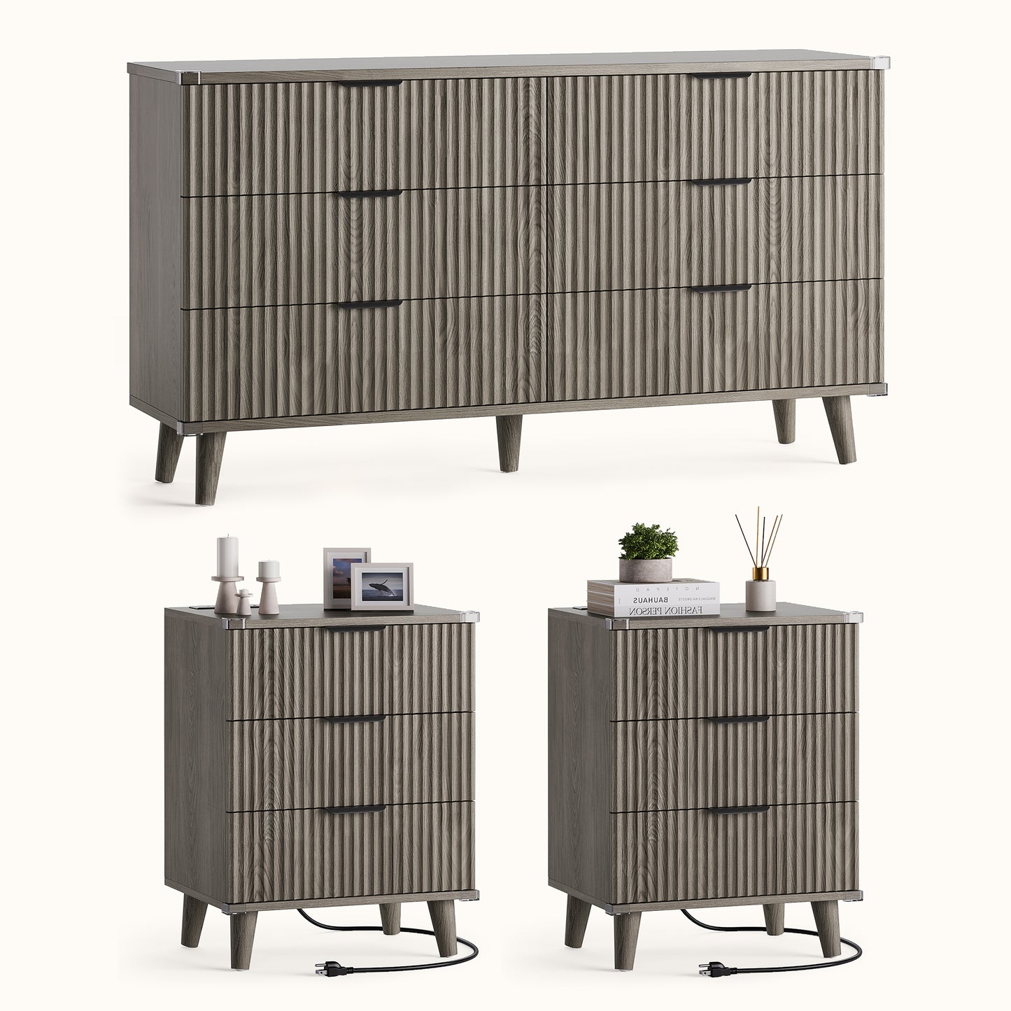 Laintene 3-Piece Boho Bedroom Set - 6-Drawer Dresser & 2 Nightstands with 3 Drawers & USB Charging, Fluted Wooden Storage, Modern Dresser & Nightstand Combo, Dark Grey Oak
