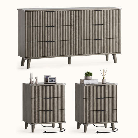Laintene 3-Piece Boho Bedroom Set - 6-Drawer Dresser & 2 Nightstands with 3 Drawers & USB Charging, Fluted Wooden Storage, Modern Dresser & Nightstand Combo, Dark Grey Oak