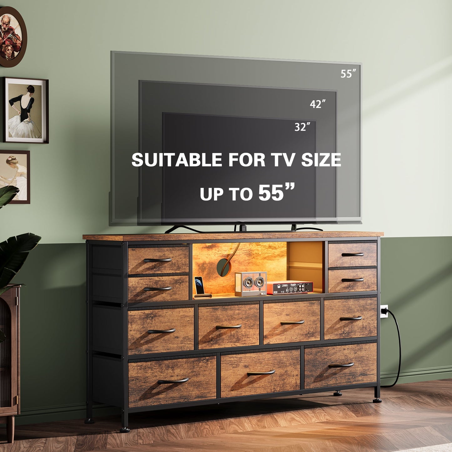 Laintene TV Stand 60 inch, Dresser for Bedroom with LED Lights Power Outlets, 11 Drawer Dresser TV Stands for Living Room, Fabric Chest of Drawers, Brown