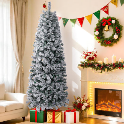 Laintene 6FT Pre-Lit Flocked Pencil Christmas Tree with 600 Tips & 200 Colored Lights, Slim Artificial Xmas Tree for Small Spaces, Metal Stand, White