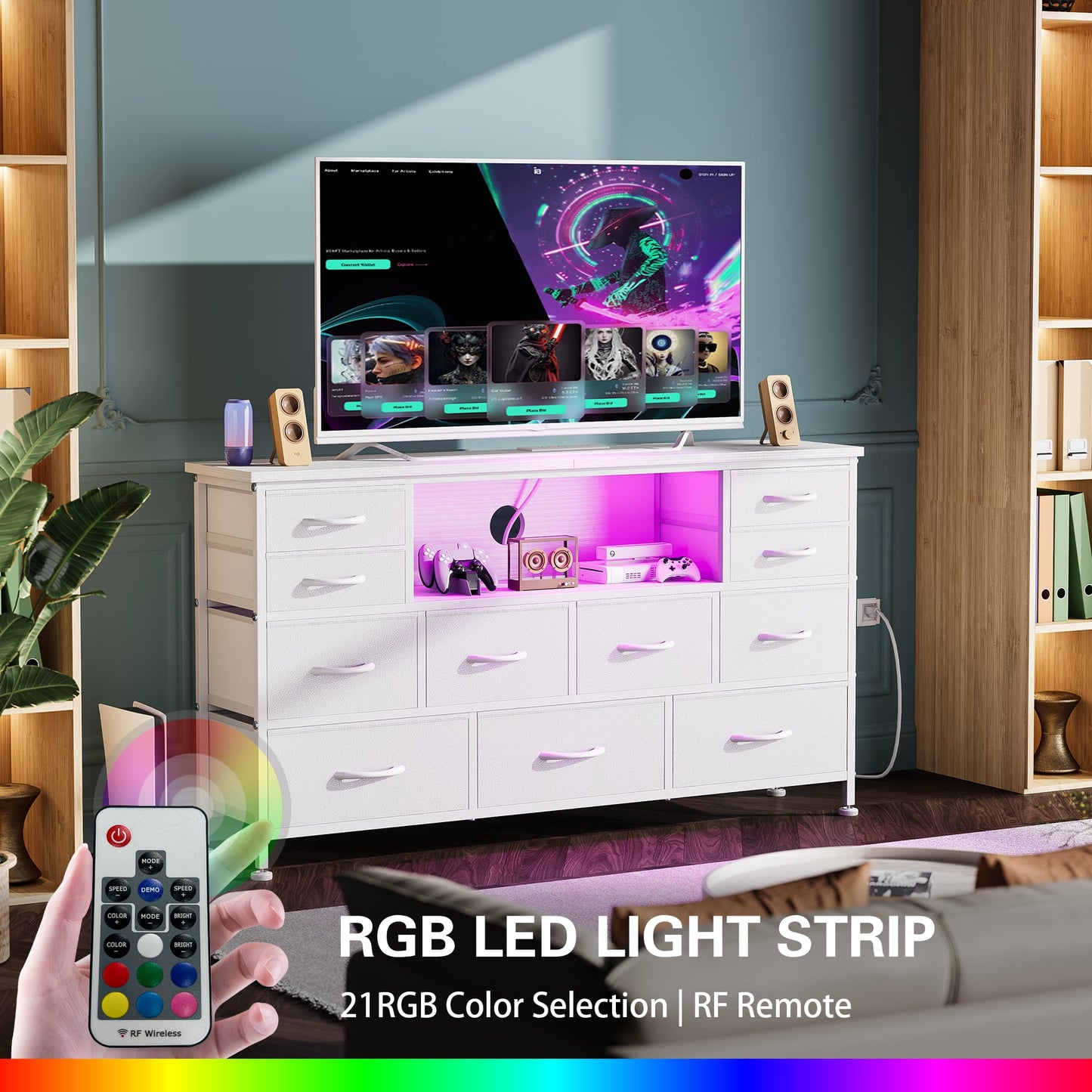 Laintene TV Stand 60 inch, Dresser for Bedroom with LED Lights Power Outlets, 11 Drawer Dresser TV Stands for Living Room, Fabric Chest of Drawers, White