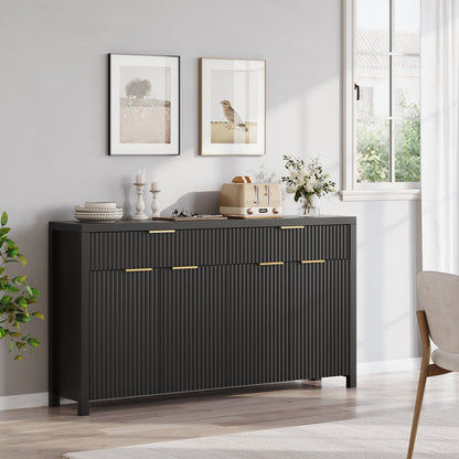 Laintene Fluted Sideboard, Storage Buffet Cabinet with Drawers, 55" TV Cabinet for Living Room with Adjustable Shelves, Wooden Accent Cabinet, Black Set of 2
