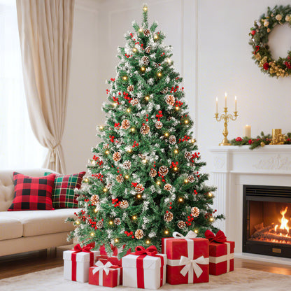 Laintene 6ft Pre-Lit & Pre-Decorated Christmas Tree | 250 Warm White LED Lights, 800 Realistic Tips, 108 Natural Decorations (Pine Cones & Berries), Hinged Design for Home/Office