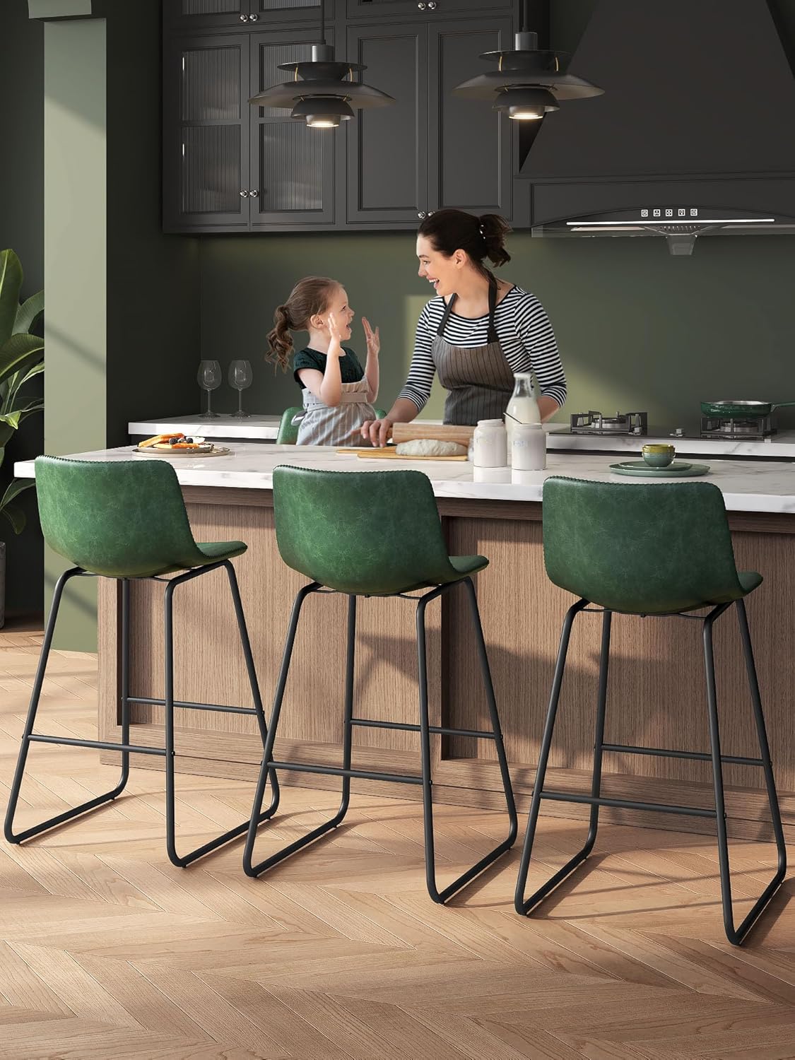 LainTene 26" Bar Stools Set of 3 – Faux Leather Counter Height Stools with Backrest & Footrest, Heavy-Duty Metal Frame for Kitchen, Bar, Living Room, Green