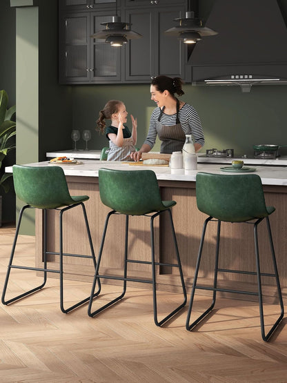 LainTene 26" Bar Stools Set of 3 – Faux Leather Counter Height Stools with Backrest & Footrest, Heavy-Duty Metal Frame for Kitchen, Bar, Living Room, Green