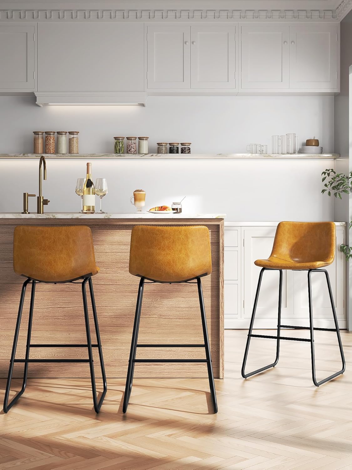 LainTene 26" Bar Stools Set of 2 – Faux Leather Counter Height Stools with Backrest & Footrest, Heavy-Duty Metal Frame for Kitchen, Bar, Living Room, Brown