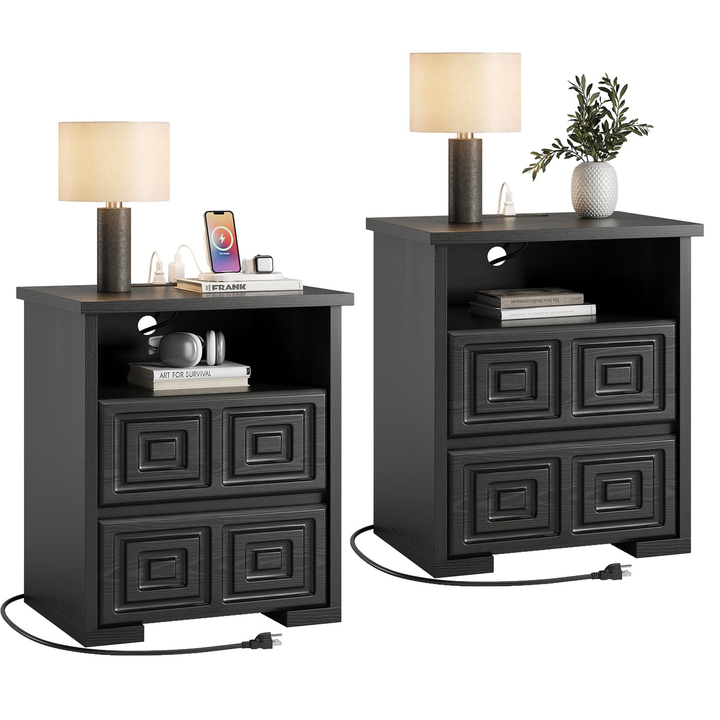 Laintene Nightstand Set of 2, Farmhouse Bedside Table for Bedroom, Wood End Table with Charging Station & Open Shelf for Living Room, Black