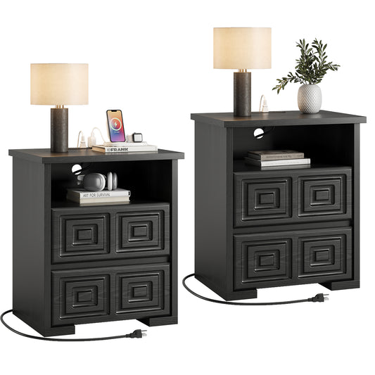 Laintene Nightstand Set of 2, Farmhouse Bedside Table for Bedroom, Wood End Table with Charging Station & Open Shelf for Living Room, Black