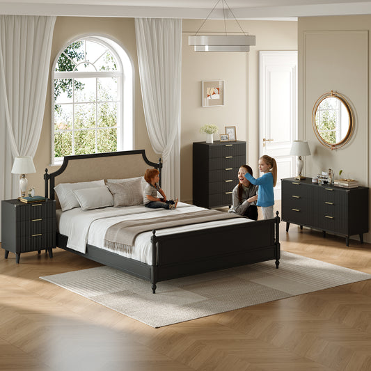 Laintene Boho Bedroom Set of 4 - 6 Drawer Dresser, 5 Drawer Vertical Dresser & 2 Nightstands with Drawer & USB Charging, Fluted Wooden Storage for Modern Bedroom, Black