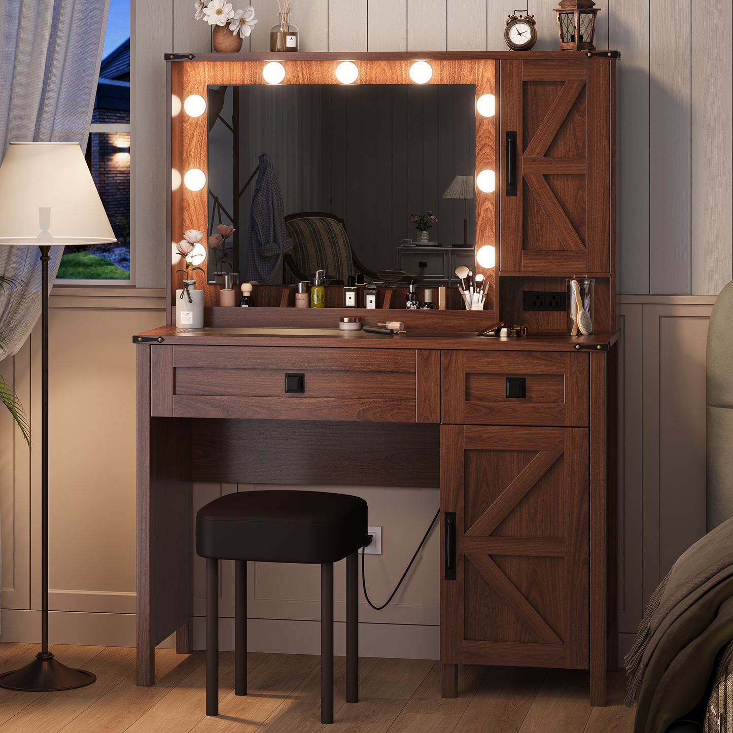 LainTene Farmhouse Makeup Vanity Desk with Mirror and Lights, Modern Glass Tabletop Vanity Table with Storage Shelves & Drawers for Bedroom, Brown