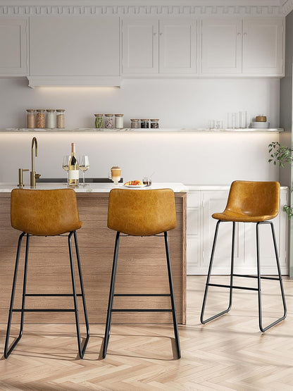 LainTene 30" Bar Stools Set of 2 – Faux Leather Counter Height Stools with Backrest & Footrest, Heavy-Duty Metal Frame for Kitchen, Bar, Living Room, Brown