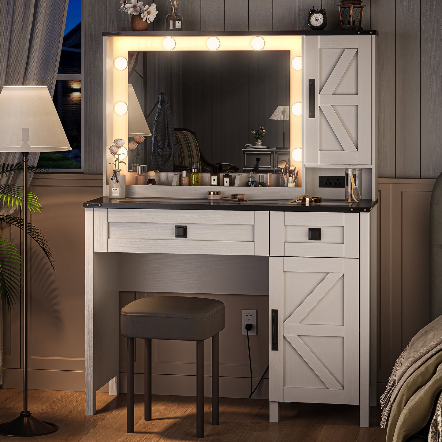 LainTene Farmhouse Vanity Desk with LED Mirror & Charging Station – Makeup Vanity Set with Glass Top, 2 Drawers & Storage Shelves, Rustic White Dressing Table