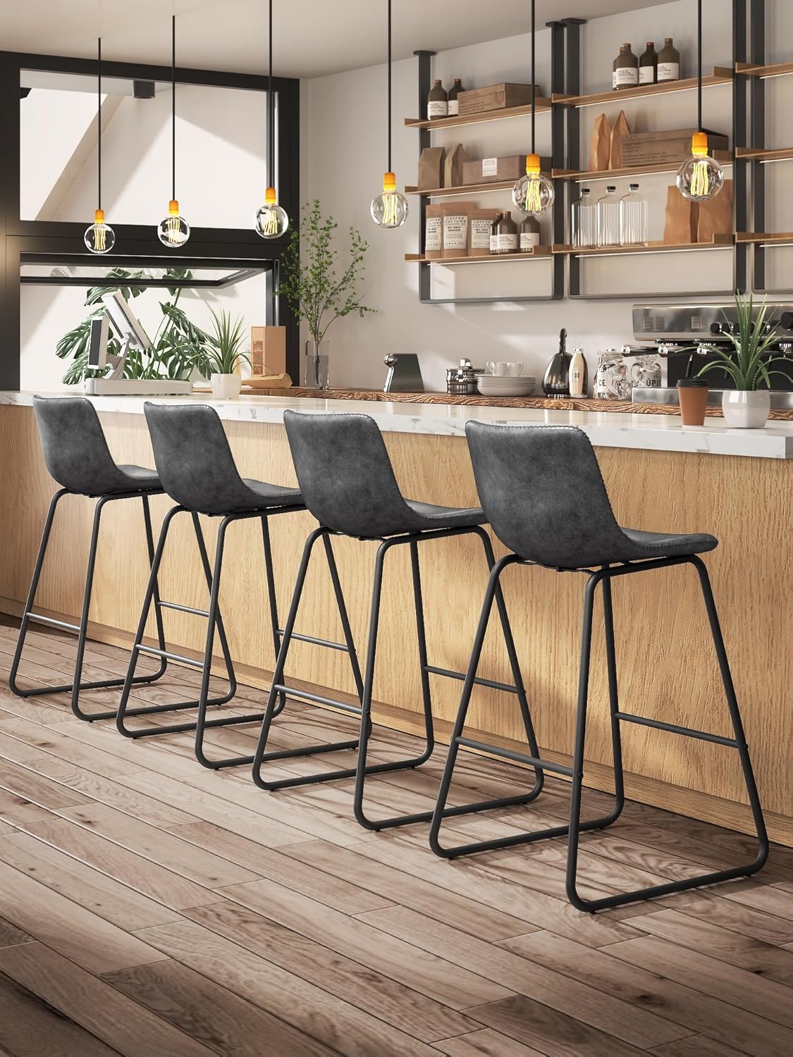 LainTene 26" Bar Stools Set of 3 – Faux Leather Counter Height Stools with Backrest & Footrest, Heavy-Duty Metal Frame for Kitchen, Bar, Living Room, Gray