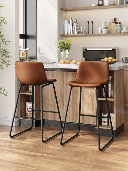 LainTene 26" Bar Stools Set of 3 – Faux Leather Counter Height Stools with Backrest & Footrest, Heavy-Duty Metal Frame for Kitchen, Bar, Living Room, Dark Brown