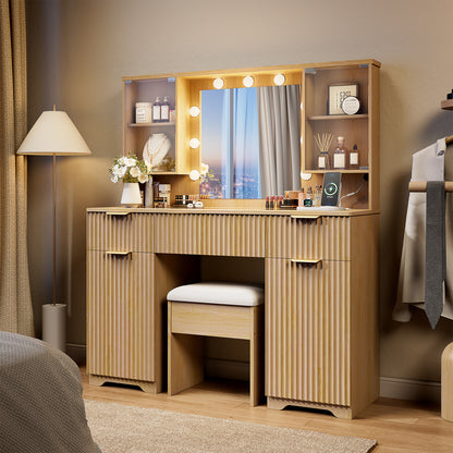 LainTene Vanity Set with Stool, Makeup Vanity Table with Lights and Mirror, Vanity Desk with 3 Drawers & 2 Large Storage Cabinets and Charging Station for Bedroom