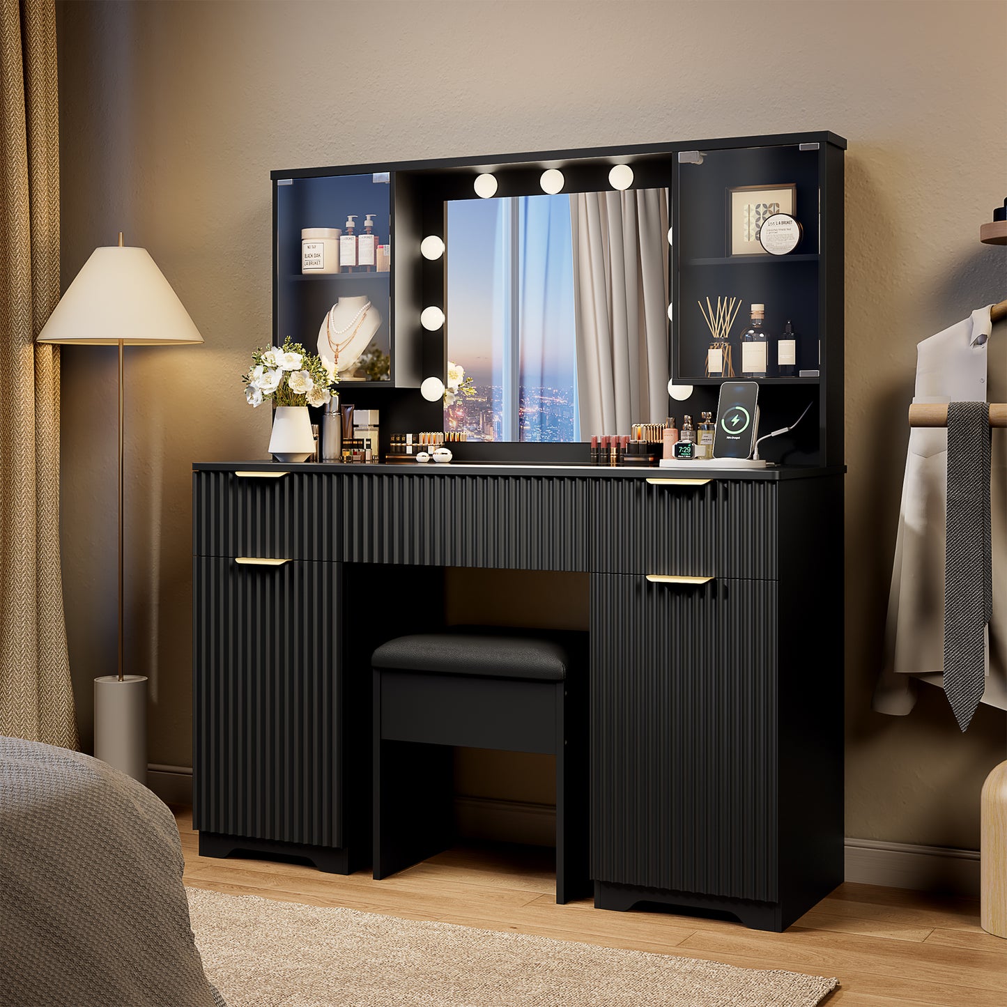 LainTene Vanity Set with Stool, Makeup Vanity Table with Lights and Mirror, Vanity Desk with 3 Drawers & 2 Large Storage Cabinets and Charging Station for Bedroom