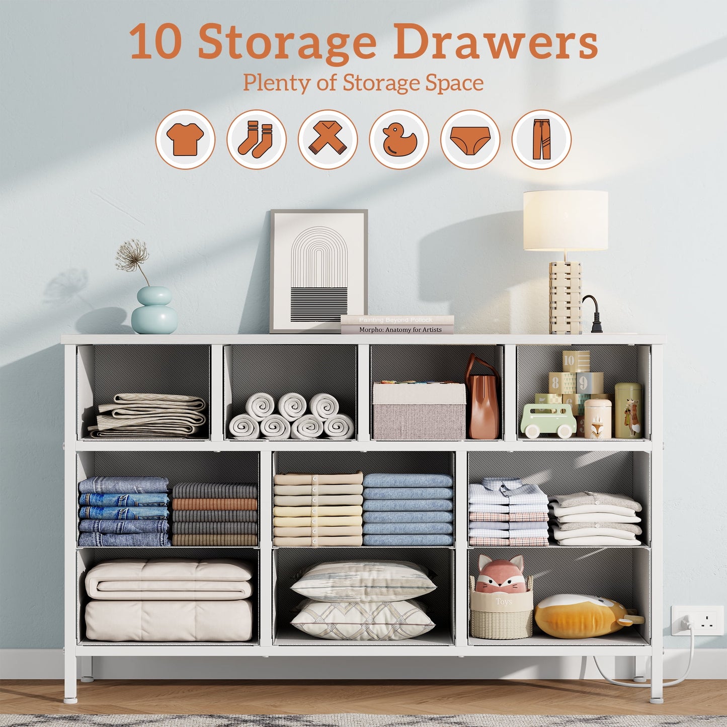 Laintene Dresser for Bedroom, TV Stand for 50" Long TV with Power Outlet, 10 Drawer Dresser for Closet, Fabric Chest of Drawers Entertainment Center for Living Room, Hallway, Entryway, White