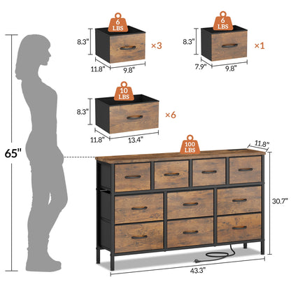 Laintene Dresser for Bedroom, TV Stand for 55" Long TV with Power Outlet, 10 Drawer Dresser for Closet, Fabric Chest of Drawers Entertainment Center for Living Room, Hallway, Entryway, Brown