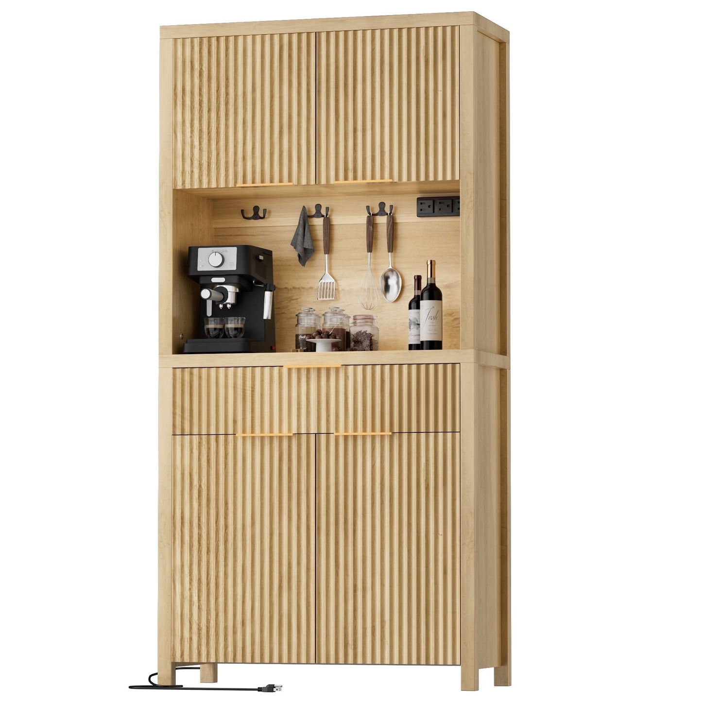 Laintene Pantry Storage Cabinet with Charging Station, Tall Kitchen Pantry with Microwave Shelves, Fluted Storage Cabinet with Open Countertop and Drawer for Dining Living Room, Natural Oak